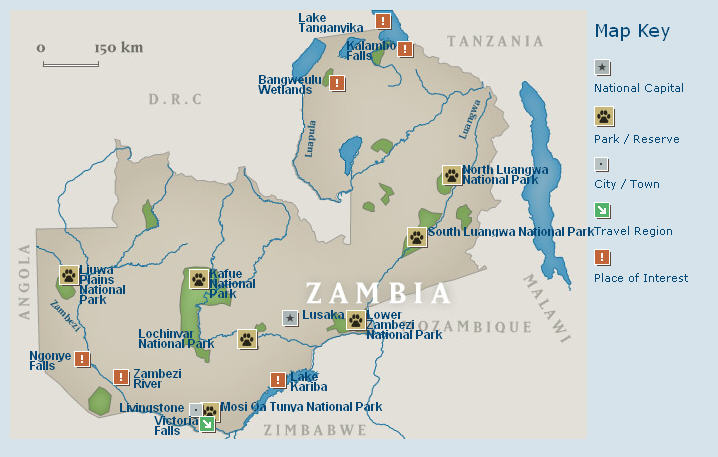 A Map Of Zambia. Protected areas in Zambia. map